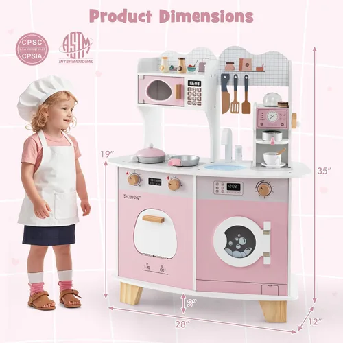 Miniatura 8 de HONEY JOY Juego de cocina, juego de cocina grande de madera para niños pequeños y cafetera, microondas, lavadora, fregadero, utensilios de cocina