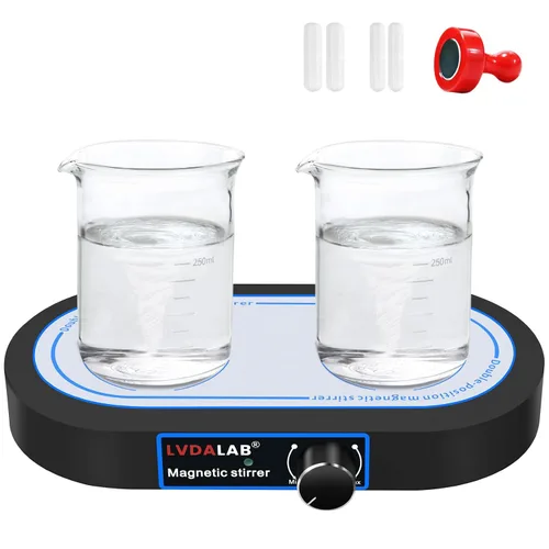 Agitador magnético de doble posición, 2 placas de agitación de laboratorio de 16.9 fl oz, 50-1500 RPM, 4 barras de agitación + 1 recuperador para