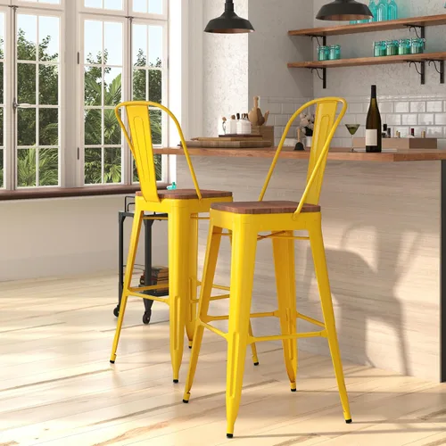 Miniatura 10 de Merrick Lane Amsterdam Taburete de bar – Silla de bar de metal negro antiguo con asiento de madera – Taburete de cocina con respaldo curvado
