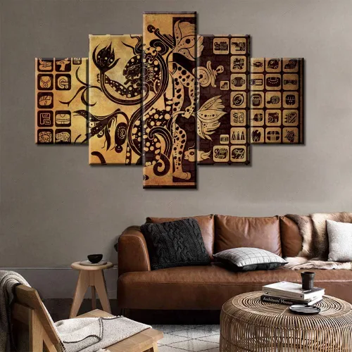 Miniatura 69 de Arte de pared con varios paneles, calendario maya, imágenes de piedra del sol, pinturas de civilización azteca sobre lienzo, sala de estar