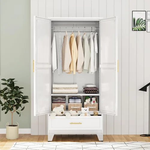 Miniatura 10 de PAOFIN Armario de metal negro de 71 pulgadas, armario de almacenamiento de ropa para dormitorio con 2 cajones y barra para colgar, armario