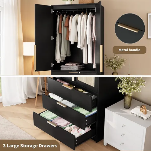 Miniatura 6 de GarveeHome Armario Armario, armario de madera de 69.5 pulgadas con 3 cajones, barra para colgar, armario de almacenamiento de ropa de 2 puertas