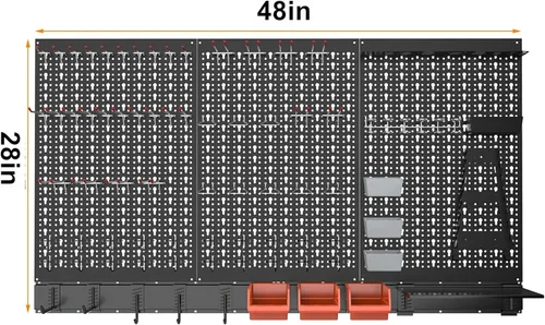 Miniatura 3 de TORACK Sistema organizador de pared de metal para garaje, 109 piezas de accesorios de tablero de clavijas, kit organizador de herramientas con cubos