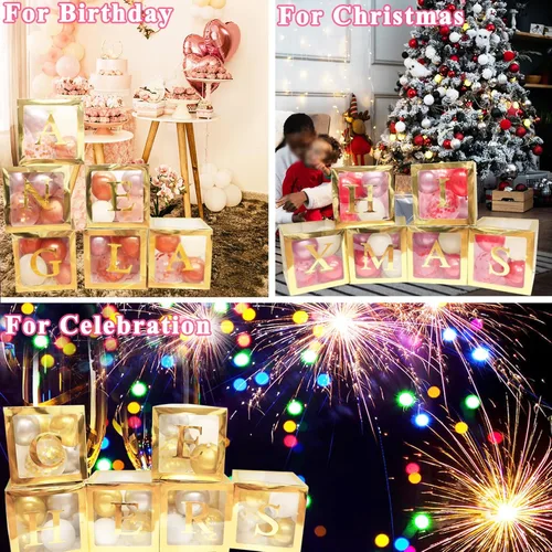Miniatura 5 de Cajas de bebé con letras, 6 cajas de globos transparentes con 78 letras y números, cajas transparentes con nombres para baby shower, cumpleaños