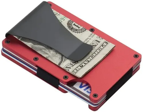 Miniatura 2 de Billetera delgada de aluminio con bolsillo frontal para hombre clip de dinero simple con bloqueo RFID minimalista Rojo Minimalista