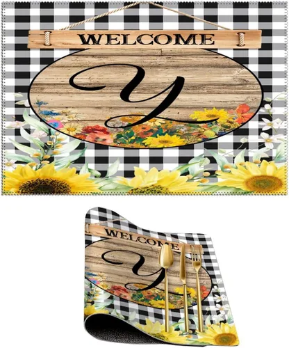 Miniatura 28 de Manteles individuales de bienvenida con diseño de girasol vintage con bandera R con inicial, 1 unidad, estilo granja, para mesa de comedor, cocina