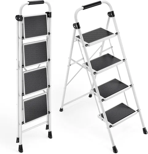 Miniatura 12 de KINGRACK Escalera plegable de 3 escalones con pedal antideslizante y ancho, portátil, plegable, alta y resistente con asa para el hogar, cocina