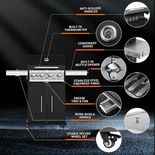 Miniatura 5 de Parrilla de gas propano, parrilla de barbacoa de acero inoxidable 4+1 con quemador lateral infrarrojo para cocinar al aire libre, color negro
