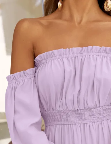 Miniatura 132 de ZESICA - Vestido largo, bohemio y sexy, con hombros descubiertos y manga larga fruncida, con elástico fruncido, cintura alta y abertura lateral