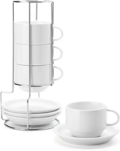 Sweese Tazas apilables de porcelana para capuchino de 8 onzas con platillos y soporte de metal, para bebidas de café especiales, capuchino, latte,