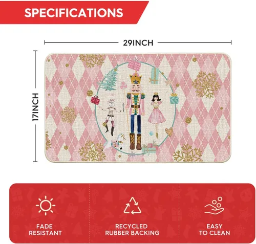 Miniatura 3 de Artoid Mode Felpudo Navideño de Cuadros Diamante Rosa Cascanueces, Decoración del Hogar de Invierno, Alfombrilla de Puerta de Bajo Perfil 17x29