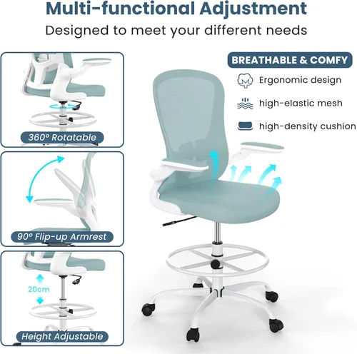 Miniatura 5 de Silla de dibujo, silla de oficina alta con reposabrazos abatibles, silla de escritorio de pie ergonómica ejecutiva para computadora, silla de dibujo