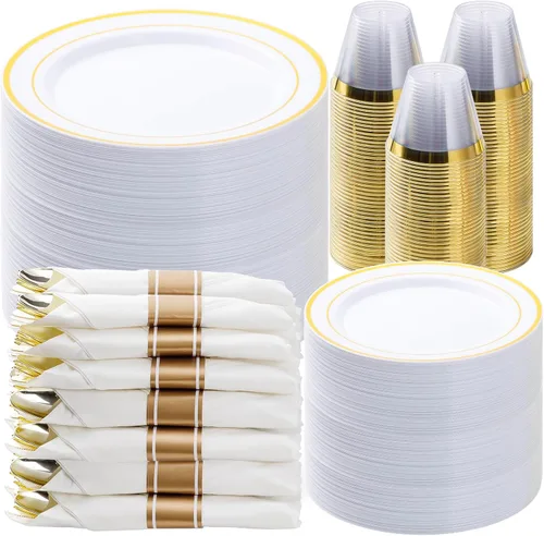 Miniatura 7 de BESTVIP - Juego de vajilla de plástico dorado transparente de 350 piezas para 50 invitados, plato desechable para fiestas de Navidad y Año Nuevo