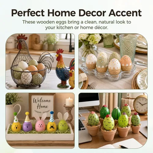 Miniatura 7 de LovesTown Huevos de Pascua de madera, 8 unidades, huevos de madera de 3 colores para manualidades, anidación de pollo, juguete de comida teñible