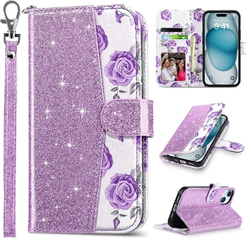 ULAK Compatible con iPhone 15 Estuche tipo cartera para mujer, funda tipo billetera de piel PU premium con tarjetero, función de caballete, estuche