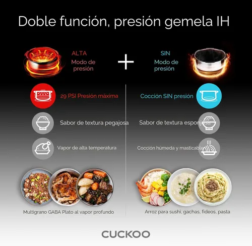 Miniatura 10 de CUCKOO Olla arrocera de doble presión de 6 tazas sin cocer / 12 tazas cocidas con tecnología de calentamiento por inducción, 20 modos de menú