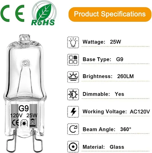 Miniatura 3 de Bombilla halógena G9 de 25 W, 120 voltios, regulable, tipo T4 JCD, base bi-pin para candelabros, colgantes, luces de gabinete, reemplazo de luces