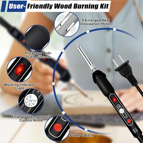 Miniatura 5 de Kit de Combustión de Madera, 163 Piezas de Herramienta de Quemador de Madera con Letras y Números, Pluma de Pirografía con Control de Temperatura