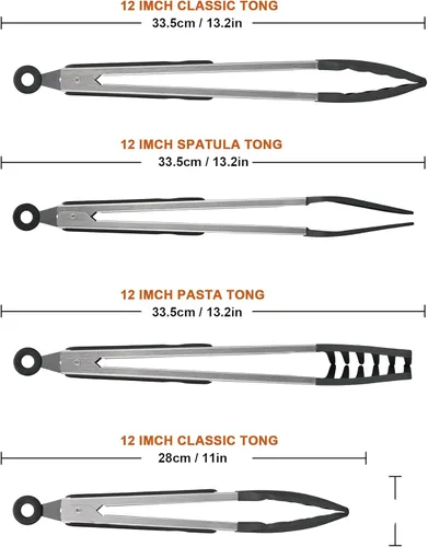 Miniatura 5 de Juego de pinzas de cocina de acero inoxidable 4 en 1 para cocinar con puntas de silicona, tostadora de bistec, pizza, pasta, espagueti, fideos, Negro