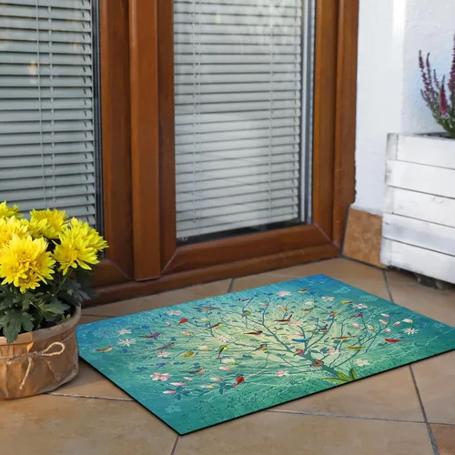 Miniatura 6 de Arttown Tapete para puerta de pájaros, 17 x 30 pulgadas, diseño de pájaros coloridos y árbol azul, tapete decorativo para el hogar, parte trasera