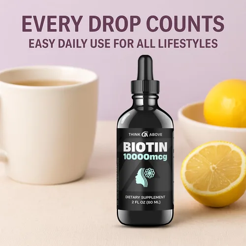 Miniatura 6 de Think Above Biotina líquida de 10,000 mcg con vitamina C - Soporte para cabello, piel y uñas de alta potencia - Gotas de biotina de absorción rápida