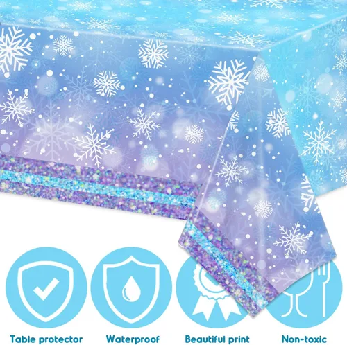 Miniatura 6 de Mantel de copo de nieve azul y blanco, 3 piezas, mantel rectangular de plástico desechable, 70 x 43 pulgadas, suministros para fiesta de cumpleaños