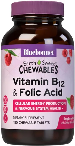 Bluebonnet Nutrition Earth Sweet Vitamina B12 & Comprimidos masticables de ácido fólico, crema frambuesa, 180 unidades (paquete de 1)