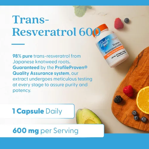 Miniatura 4 de Doctor's Best Suplemento Trans Resveratrol 600 mg para hombres y mujeres - Cápsulas de trans-resveratrol 98% puro para nutrición, apoyo a la salud