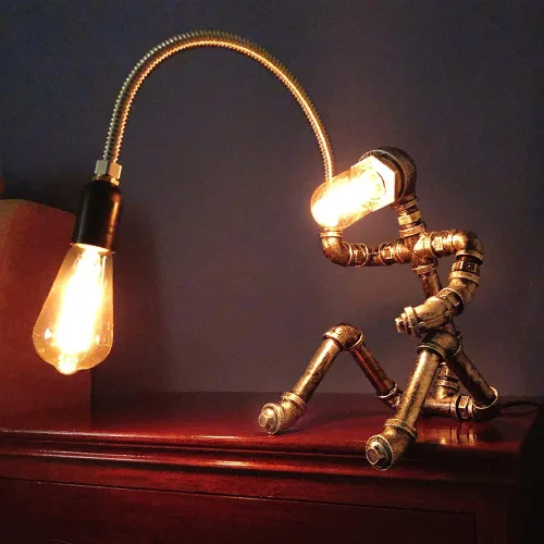 Miniatura 6 de Lámpara de mesa Steampunk, robot de tubería de agua, estilo industrial vintage, lámpara de mesa de escritorio para mesita de noche, cafetería, bar