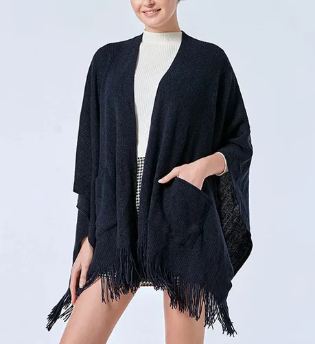 Miniatura 3 de Bonnorth Chal caliente para mujer, abierto Fornt Boho tejer rayas Pashmina Poncho con borla