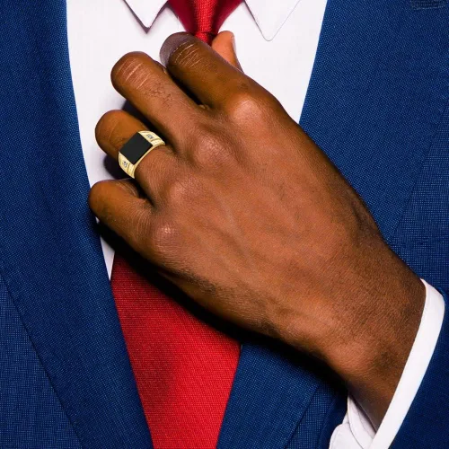 Miniatura 7 de Anillo de oro amarillo macizo de 14 quilates para hombre de ónix y diamantes