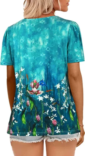 Miniatura 57 de JomeDesign - Camisetas casuales de verano para mujer, manga corta, cuello redondo, manga abullonada