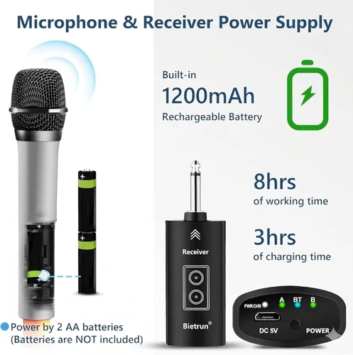 Miniatura 4 de Bietrun - Micrófonos inalámbricos con eco, agudos, graves y Bluetooth, rango de 160 pies, sistema de micrófono dinámico de mano UHF portátil