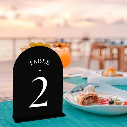 Miniatura 6 de JOYIT Números de Mesa de Boda en Arco 1-10 con Soportes – Letreros Acrílicos Impresos por Ambos Lados de 5" X 7" con Fondo Negro y Texto Blanco