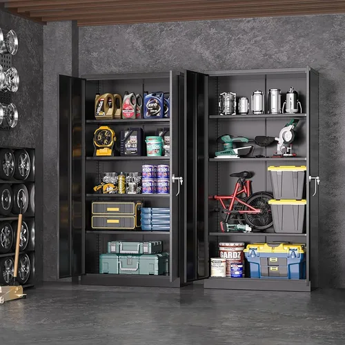 Miniatura 2 de Greenvelly Armarios de almacenamiento de metal de 72 pulgadas, gabinete de almacenamiento de acero negro para garaje con puertas y estantes