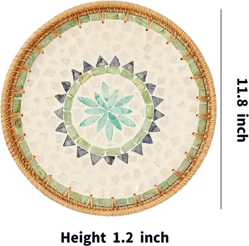 Miniatura 6 de Kmelep Bandeja redonda de ratán con incrustaciones de madreperla, bandeja de ratán con base de madera, cesta decorativa de mimbre para decoración