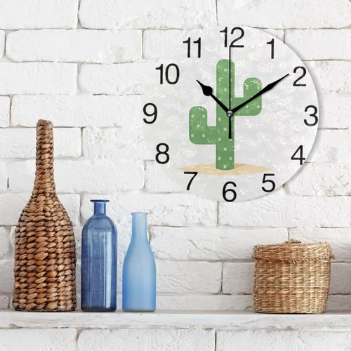 Miniatura 3 de senya Reloj de pared redondo de cactus del desierto, pintura al óleo silenciosa sin tictac, decorativo para el hogar, oficina, escuela, arte