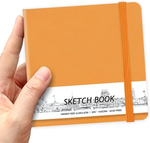 Miniatura 15 de Cuaderno de bocetos de bolsillo cuadrado de tapa dura de cuero PU de 5" x 5", 58 hojas de papel beige Dowling de 150 GSM, libro de bocetos de arte