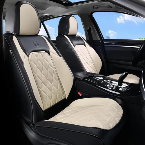 Miniatura 39 de Coverado Fundas de Asientos Delanteros, Funda de Asiento de Cuero Sintético de Lujo Impermeable, Protector de Asiento de Coche Beige, Funda