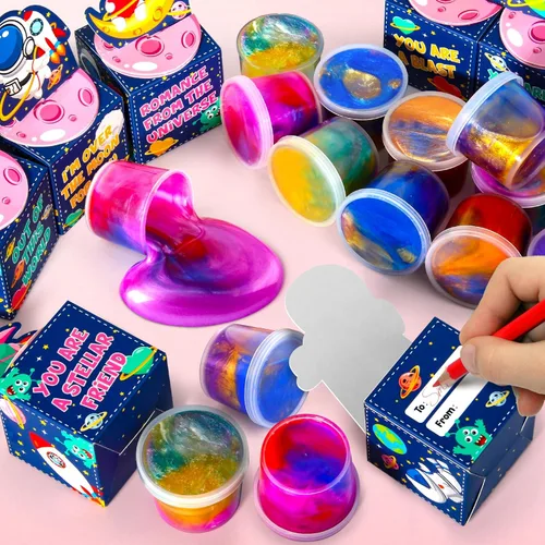 Miniatura 5 de SURCVIO Paquete de 28 regalos para el día de San Valentín para niños, slime de galaxia con caja de tarjetas de felicitación, juguete para aliviar