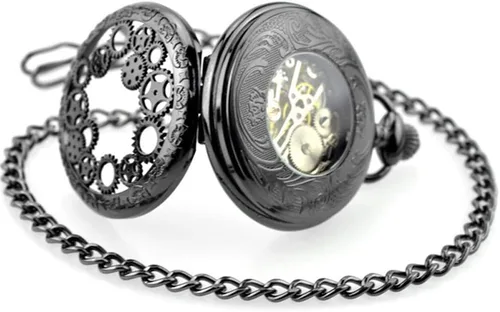 Miniatura 6 de Avaner Steampunk Retro Half Hunter Copper Gear Skeleton Hand Wind Mecánico Número romano árabe Pantalla analógica Reloj de bolsillo con cadena de 14