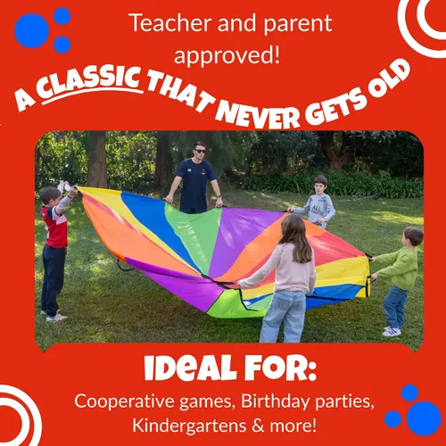 Miniatura 5 de Activejoy - Paracaídas para niños - 8 pies/12 pies/20 pies / 24 pies - Juguete de paracaídas arcoíris con asas - Ideal para clases de gimnasio, día