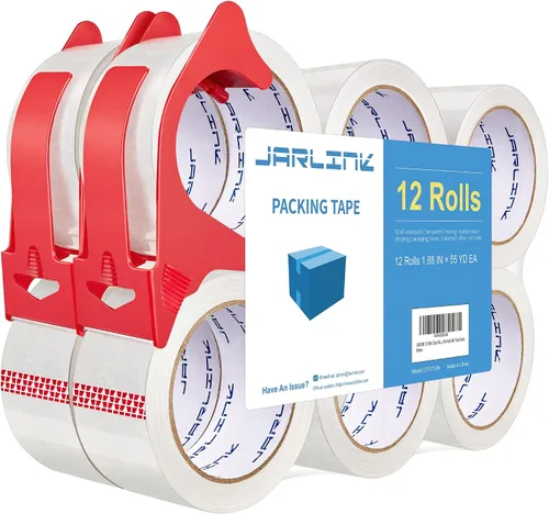 JARLINK 12 Rollos de Cinta de Embalaje Transparente con 2 Dispensadores, Refacciones de Cinta de Embalaje Resistente para Envíos, Embalaje, Correo,