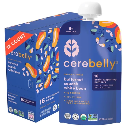 Cerebelly Bolsas de comida orgánica para bebés, purés de frijoles blancos de calabaza y mantequilla, 16 nutrientes, sin azúcar añadido y sin OMG, 4