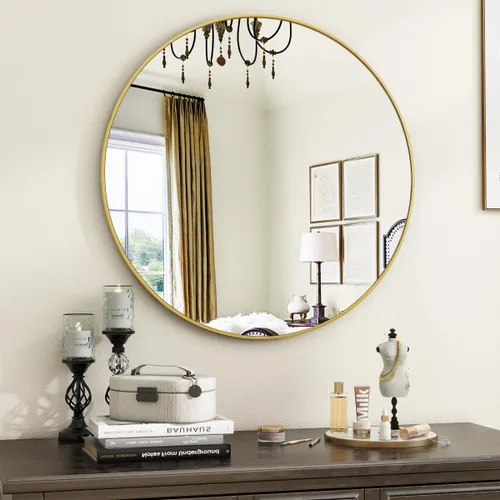 Miniatura 14 de VooBang Espejo de Baño Redondo Dorado, Espejo Circular de Pared Montado de 24 Pulgadas con Marco de Metal Circular Simple y Moderno para Pasillo