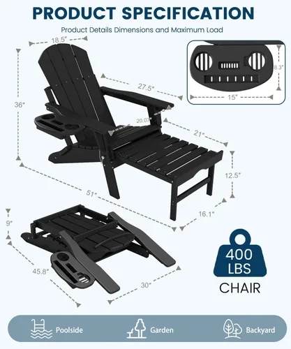 Miniatura 3 de FOOWIN Silla Adirondack plegable ajustable con otomana retráctil, silla Adirondack de polietileno de alta densidad con bandejas 4 en 1, resistente a