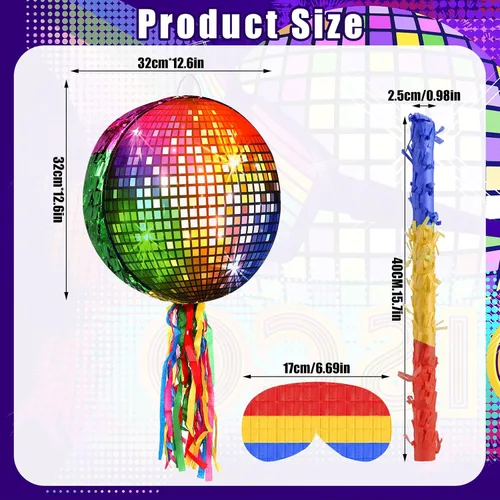 Miniatura 2 de Aoriher Piñata 12.6 x 12.6 x 3 pulgadas, juego de fiesta de discoteca, piñata, lámina plateada, decoración de los años 80 y 90 con máscara de palo