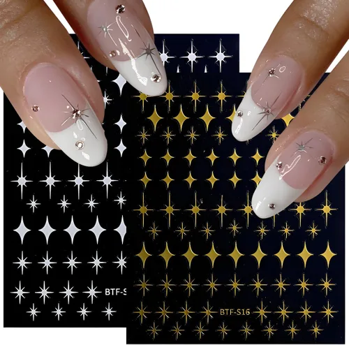 Miniatura 5 de 6 hojas de calcomanías de uñas de estrellas doradas 3D autoadhesivas plateadas, calcomanías de uñas degradadas de corazón y luna, calcomanías