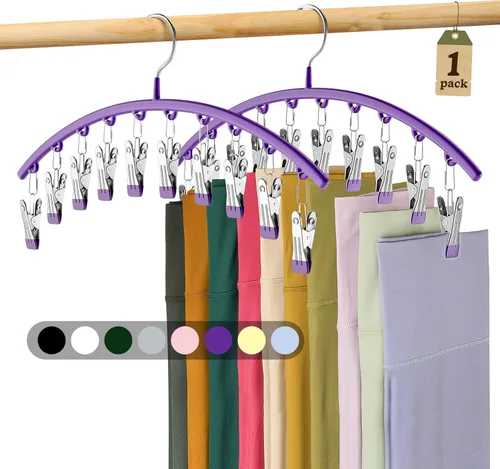 Miniatura 10 de Organizador de leggings para armario, colgador de metal para pantalones de yoga con revestimiento de goma, paquete de 2 con 10 clips para 20 Morado