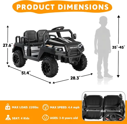 Miniatura 4 de Coche eléctrico para niños, juguetes de 24 V y 4 plazas con control remoto para padres, suspensión de 4 ruedas, capacidad máxima de peso de 220 Negro